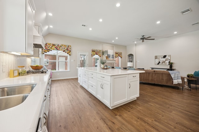 2001 Elm Creek Ln, Flower Mound, TX 75028 - kitchen with a ceiling fan, wood finished floors, under cabinet range hood, recessed lighting, and white cabinets