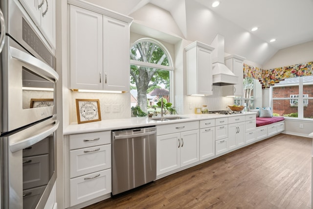 2001 Elm Creek Ln, Flower Mound, TX 75028 - kitchen featuring stainless steel appliances, lofted ceiling, light countertops, tasteful backsplash, and plenty of natural light