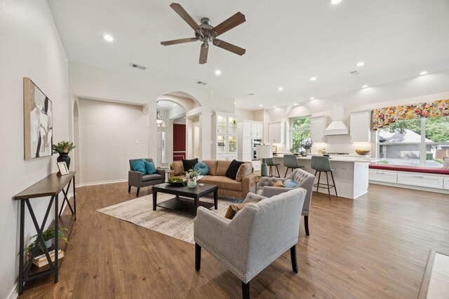 2001 Elm Creek Ln, Flower Mound, TX 75028 - living room featuring ornate columns, arched walkways, a ceiling fan, wood finished floors, and healthy amount of natural light
