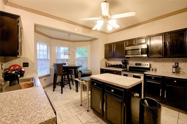 2315 Rockhill Rd, Mckinney, TX 75072 - kitchen featuring appliances with stainless steel finishes, light marble finish flooring, light countertops, backsplash, and crown molding