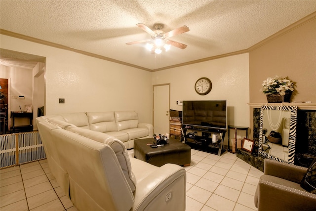 2315 Rockhill Rd, Mckinney, TX 75072 - living area with a ceiling fan, light tile patterned floors, ornamental molding, and a textured ceiling