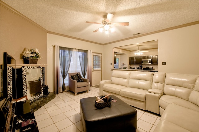 2315 Rockhill Rd, Mckinney, TX 75072 - living area featuring a ceiling fan, light tile patterned floors, a textured ceiling, and crown molding