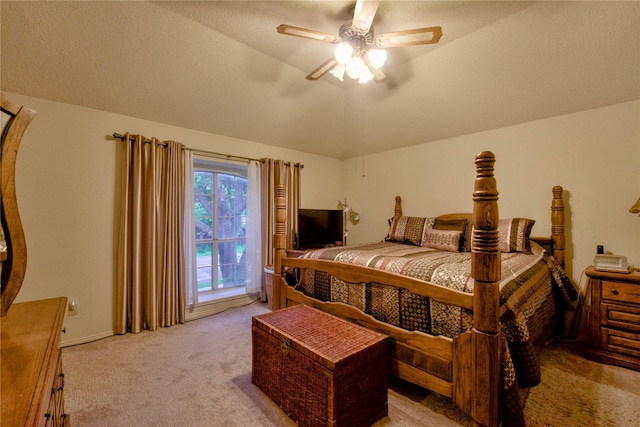 2315 Rockhill Rd, Mckinney, TX 75072 - bedroom featuring light carpet, vaulted ceiling, a ceiling fan, and a textured ceiling