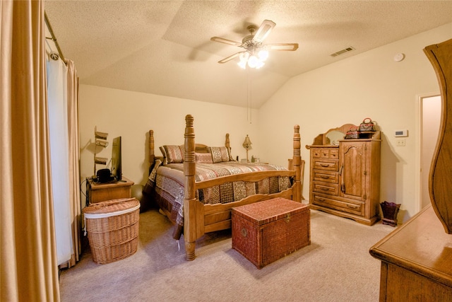 2315 Rockhill Rd, Mckinney, TX 75072 - bedroom with vaulted ceiling, light carpet, a textured ceiling, and ceiling fan