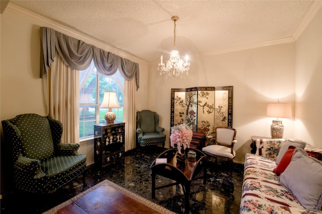 2315 Rockhill Rd, Mckinney, TX 75072 - living room featuring a chandelier, a textured ceiling, and crown molding