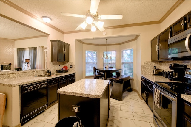 2315 Rockhill Rd, Mckinney, TX 75072 - kitchen featuring stainless steel appliances, light marble finish floors, a textured ceiling, light countertops, and backsplash