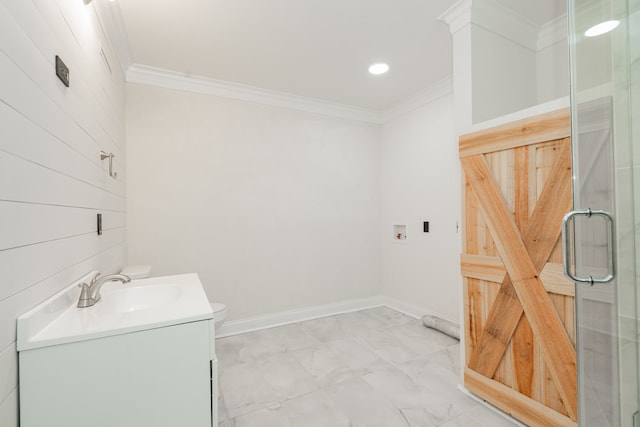 208 De Gail St, Grand Saline, TX 75140 - full bath with ornamental molding, vanity, marble finish flooring, a stall shower, and recessed lighting
