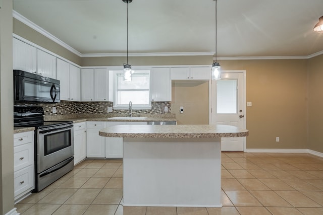 208 De Gail St, Grand Saline, TX 75140 - kitchen featuring black microwave, electric range, light tile patterned floors, decorative backsplash, and ornamental molding
