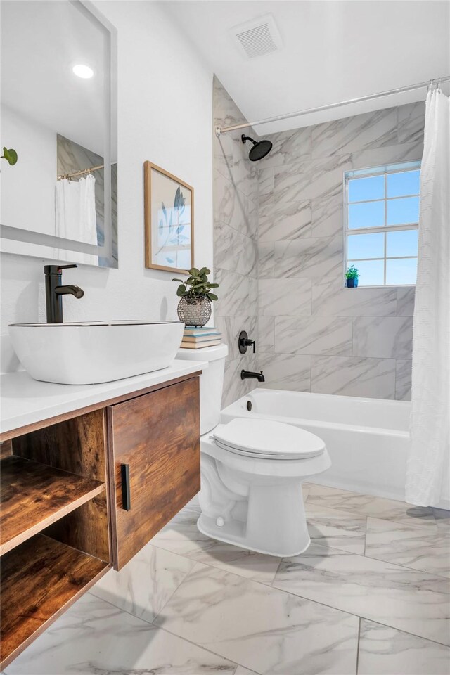 108 Fannin Dr, Euless, TX 76039 - bathroom with shower / tub combo with curtain, vanity, and marble finish flooring