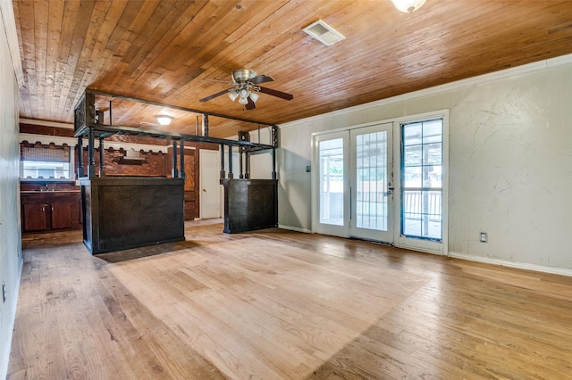 811 Tarryall Dr, Dallas, TX 75224 - unfurnished living room with wood ceiling, a ceiling fan, wood finished floors, and crown molding