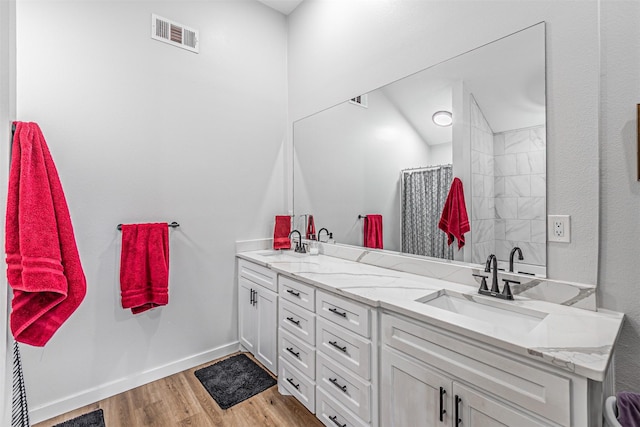 3135 Brazos River Dr, Granbury, TX 76048 - bathroom with double vanity, wood finished floors, and a shower with curtain