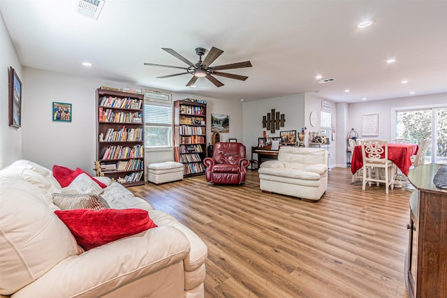 3135 Brazos River Dr, Granbury, TX 76048 - living room with light wood-style floors, recessed lighting, and ceiling fan