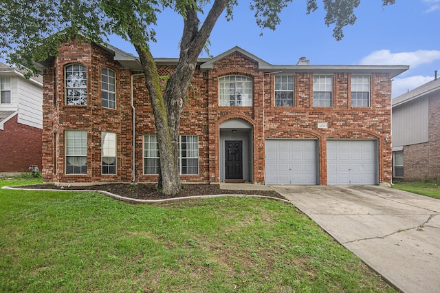 6833 Permian Ln, Fort Worth, TX 76137 - view of front facade featuring driveway, a garage, a front yard, and brick siding