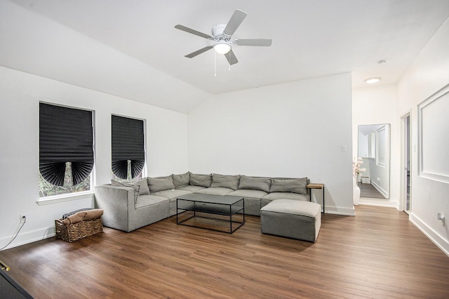 6833 Permian Ln, Fort Worth, TX 76137 - living room with wood finished floors, vaulted ceiling, and a ceiling fan