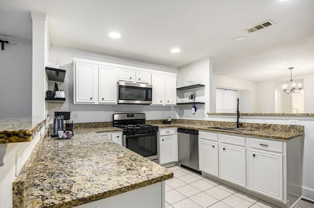 6833 Permian Ln, Fort Worth, TX 76137 - kitchen with appliances with stainless steel finishes, open shelves, a peninsula, light stone counters, and light tile patterned flooring