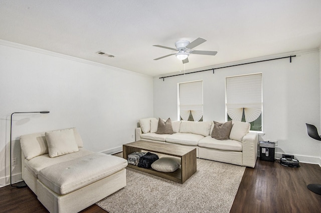 6833 Permian Ln, Fort Worth, TX 76137 - living area featuring a ceiling fan, wood finished floors, and crown molding