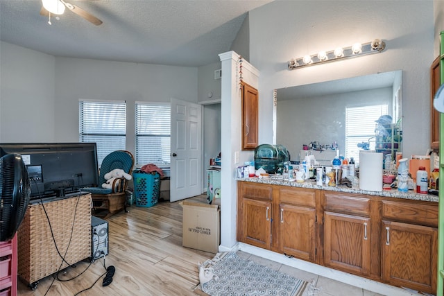 1612 Hackamore St, Mesquite, TX 75149 - bathroom featuring ceiling fan, wood finished floors, vanity, and a textured ceiling