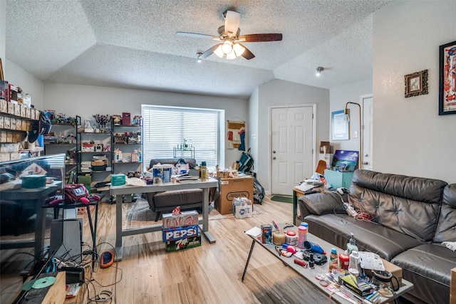 1612 Hackamore St, Mesquite, TX 75149 - home office with a ceiling fan, wood finished floors, a textured ceiling, and vaulted ceiling