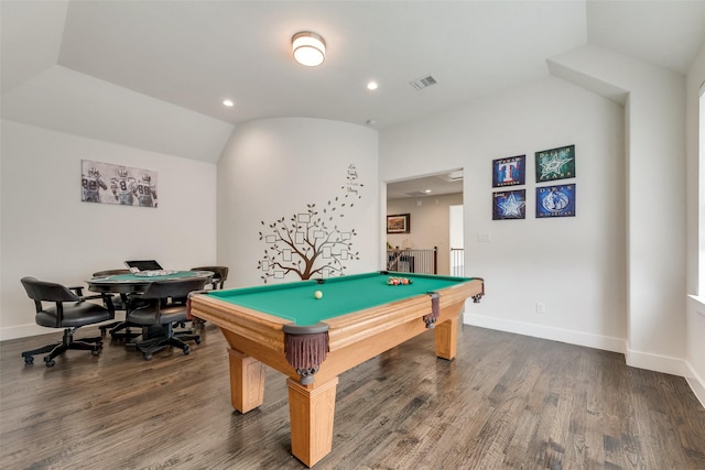3900 Brazoria Dr, Prosper, TX 75078 - playroom with dark wood-type flooring, recessed lighting, billiards table, and lofted ceiling