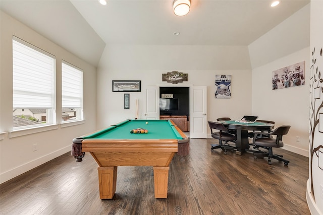 3900 Brazoria Dr, Prosper, TX 75078 - rec room with lofted ceiling, dark wood finished floors, billiards table, and recessed lighting