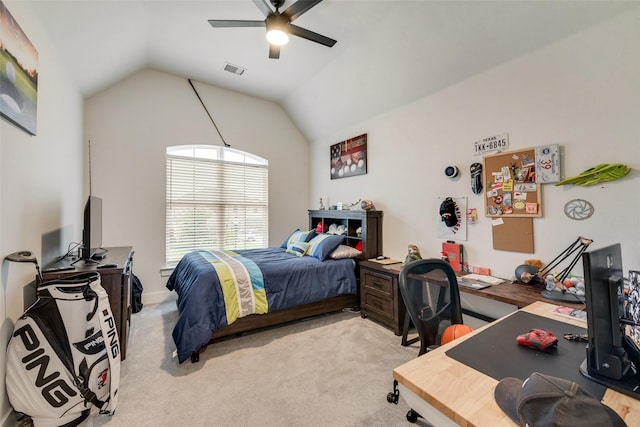 3900 Brazoria Dr, Prosper, TX 75078 - bedroom with lofted ceiling, light carpet, ceiling fan, and an office area