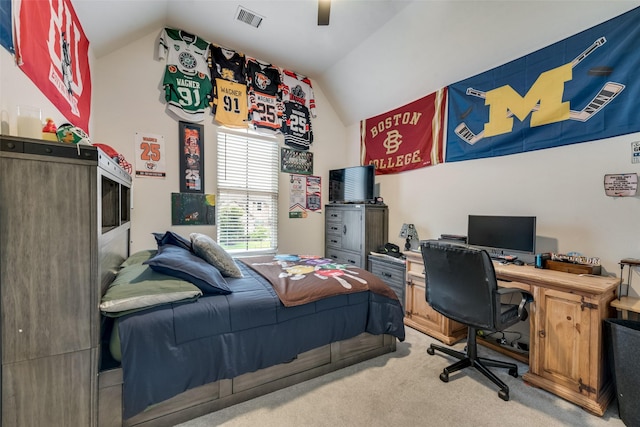 3900 Brazoria Dr, Prosper, TX 75078 - bedroom with vaulted ceiling, light colored carpet, a desk, and ceiling fan