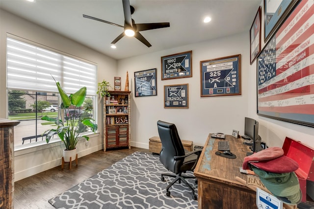 3900 Brazoria Dr, Prosper, TX 75078 - office area featuring ceiling fan, wood finished floors, and recessed lighting