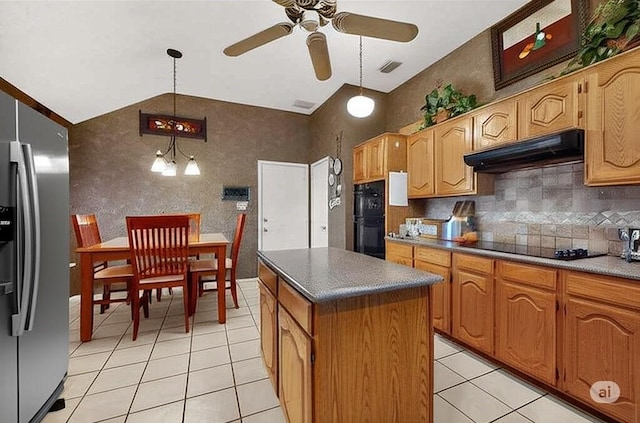 2705 Willowood Dr, Grapevine, TX 76051 - kitchen featuring black appliances, custom exhaust hood, light tile patterned floors, a ceiling fan, and vaulted ceiling