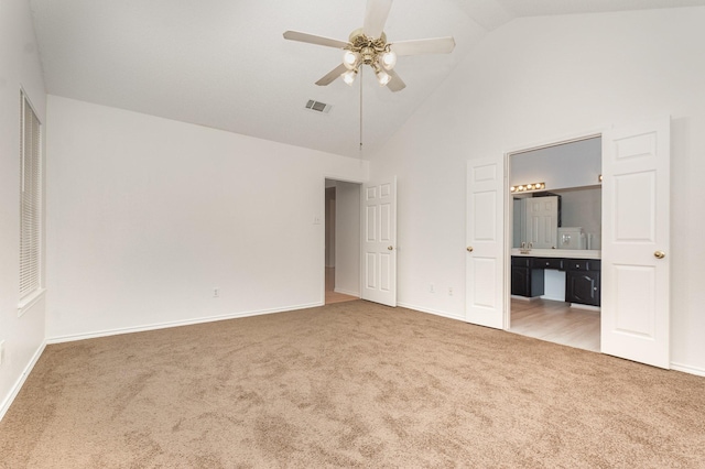 2515 High Pointe Blvd, Mckinney, TX 75071 - unfurnished bedroom with carpet, high vaulted ceiling, ensuite bathroom, and a ceiling fan