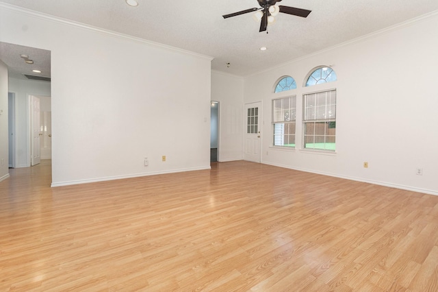 2515 High Pointe Blvd, Mckinney, TX 75071 - empty room with ceiling fan, ornamental molding, light wood finished floors, and recessed lighting