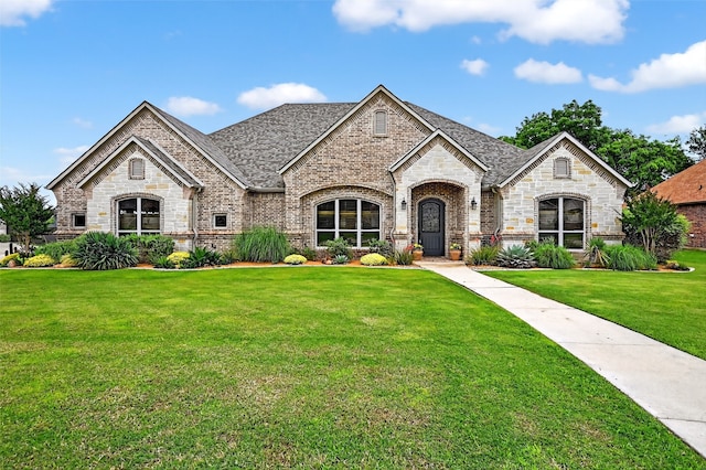 2427 Remuda Dr, Sherman, TX 75092 - french country inspired facade featuring a front lawn, brick siding, stone siding, and roof with shingles
