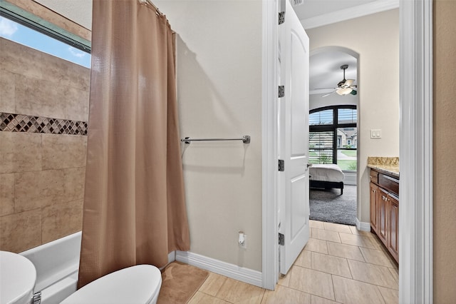 2427 Remuda Dr, Sherman, TX 75092 - bathroom featuring tile patterned flooring, vanity, shower / tub combo with curtain, a ceiling fan, and crown molding