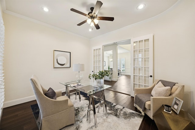 6873 Martel Pl, Frisco, TX 75035 - home office featuring crown molding, wood finished floors, ceiling fan, french doors, and recessed lighting
