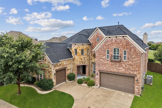 6873 Martel Pl, Frisco, TX 75035 - french country home featuring concrete driveway, a garage, stone siding, a chimney, and brick siding