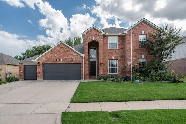 5216 Copper Creek Dr, Fort Worth, TX 76244 - traditional-style home with a front lawn, an attached garage, driveway, brick siding, and roof with shingles