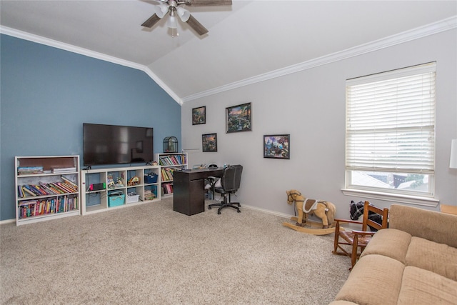 5216 Copper Creek Dr, Fort Worth, TX 76244 - home office featuring ceiling fan, ornamental molding, carpet flooring, and lofted ceiling