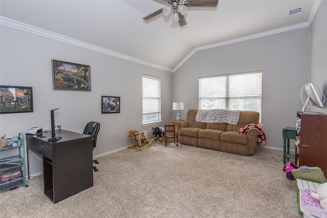 5216 Copper Creek Dr, Fort Worth, TX 76244 - office space with crown molding, carpet, vaulted ceiling, and a ceiling fan