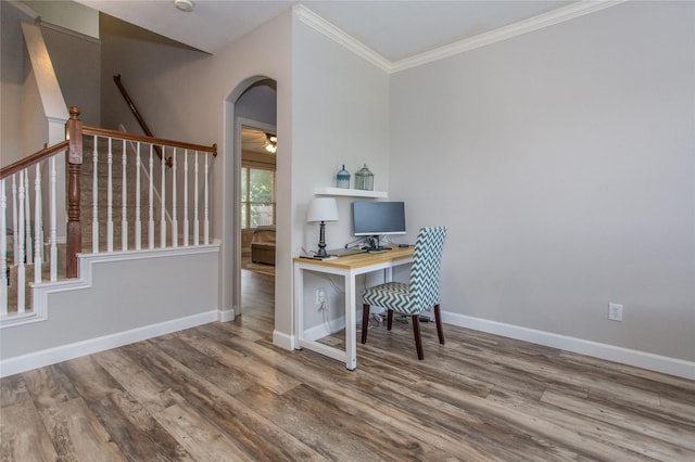 5216 Copper Creek Dr, Fort Worth, TX 76244 - home office with crown molding, wood finished floors, ceiling fan, and arched walkways