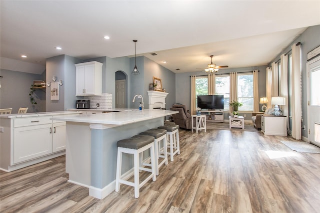 5216 Copper Creek Dr, Fort Worth, TX 76244 - kitchen featuring light wood-style flooring, an island with sink, open floor plan, tasteful backsplash, and recessed lighting