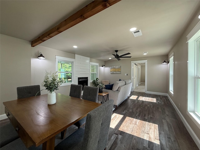 2849 Spruce Park Dr, Richland Hills, TX 76118 - dining space with a ceiling fan, wood finished floors, recessed lighting, beam ceiling, and a fireplace