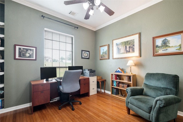 3217 S Bay Breeze Ln, Fort Worth, TX 76179 - office with ceiling fan, light wood finished floors, and crown molding