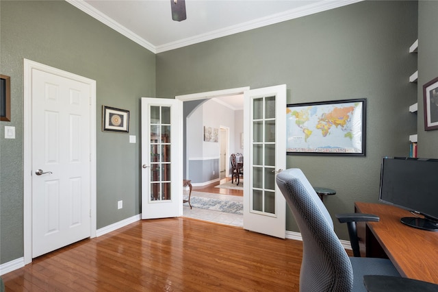 3217 S Bay Breeze Ln, Fort Worth, TX 76179 - home office featuring french doors, wood finished floors, crown molding, and a ceiling fan