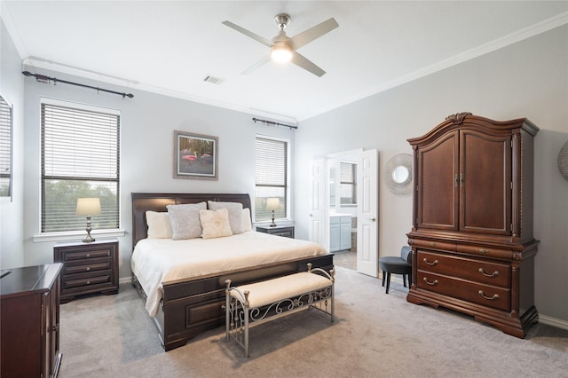 3217 S Bay Breeze Ln, Fort Worth, TX 76179 - bedroom with light carpet, crown molding, ensuite bathroom, and ceiling fan
