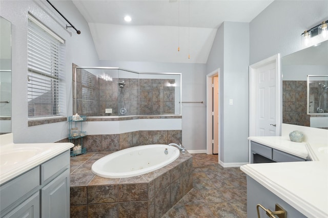 3217 S Bay Breeze Ln, Fort Worth, TX 76179 - full bathroom featuring a tile shower, a tub with jets, vanity, and lofted ceiling