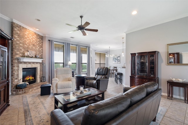 3217 S Bay Breeze Ln, Fort Worth, TX 76179 - living area featuring ceiling fan, crown molding, light tile patterned floors, a fireplace, and recessed lighting