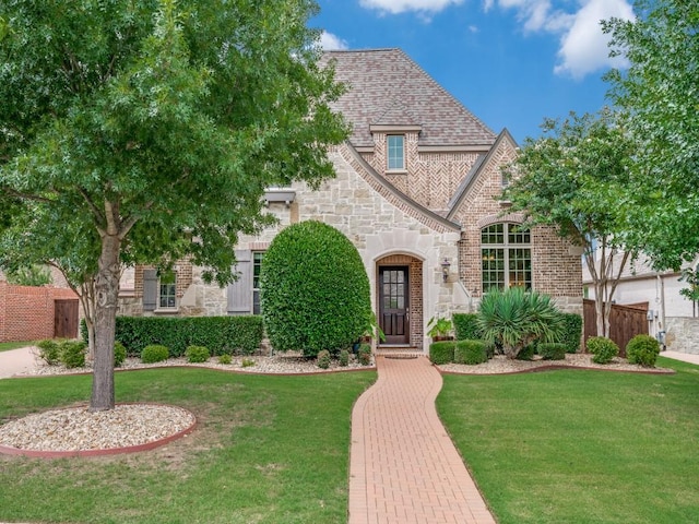 2911 Blackthorn Dr, Prosper, TX 75078 - view of front facade with stone siding, a front lawn, and brick siding