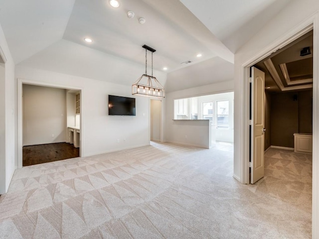 2911 Blackthorn Dr, Prosper, TX 75078 - unfurnished dining area with light carpet, vaulted ceiling, a chandelier, and recessed lighting