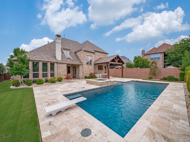 2911 Blackthorn Dr, Prosper, TX 75078 - view of swimming pool with a gazebo, a fenced backyard, a patio, a diving board, and a pool with connected hot tub
