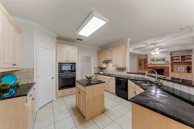 2403 Berry Grove Ct, Melissa, TX 75454 - kitchen with black appliances, a brick fireplace, decorative backsplash, crown molding, and light brown cabinets
