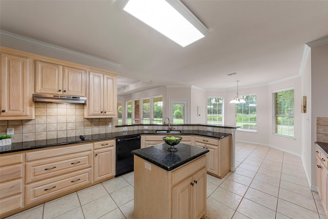 2403 Berry Grove Ct, Melissa, TX 75454 - kitchen with black appliances, light brown cabinets, a peninsula, light tile patterned floors, and crown molding